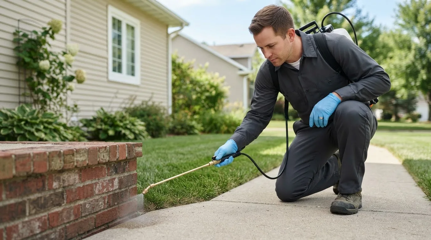 Pest control technician treating a home near Bradford, IA