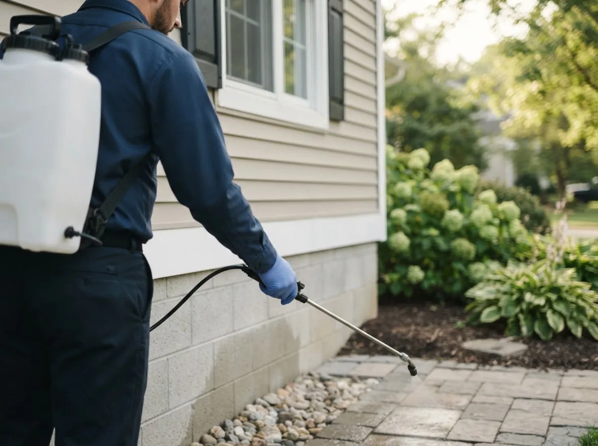Pest control technician inspecting a home in Bradford, IA